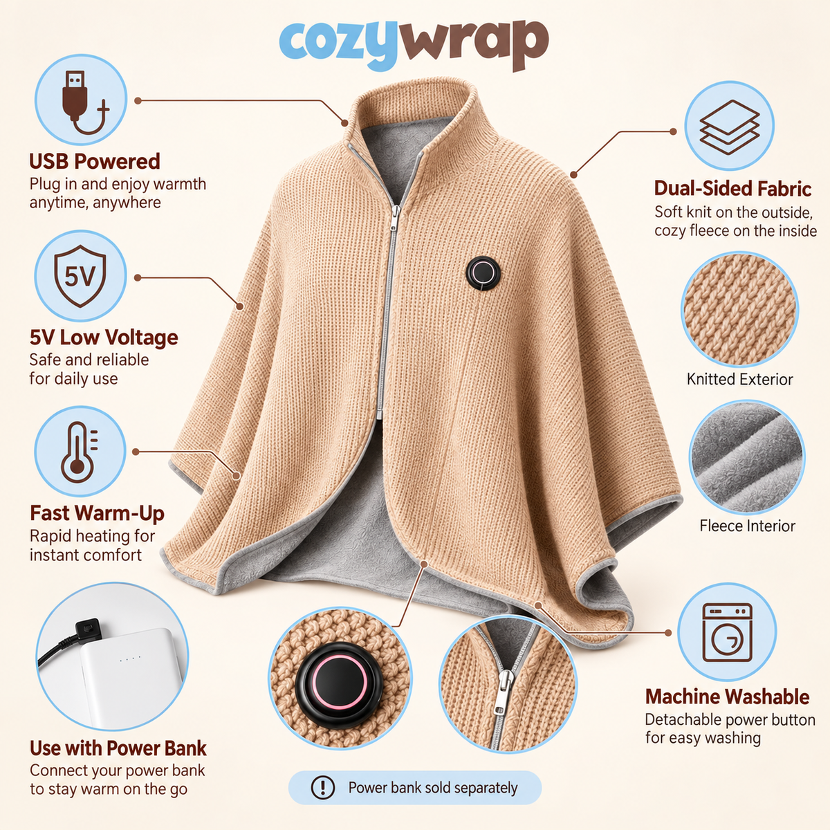 CozyWrap™ Wearable USB Heated Blanket Shawl – 3 Adjustable Heat Levels