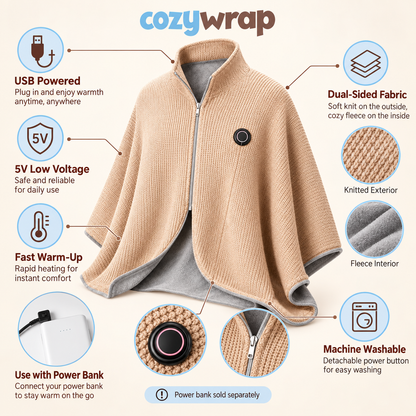 CozyWrap™ Wearable USB Heated Blanket Shawl – 3 Adjustable Heat Levels