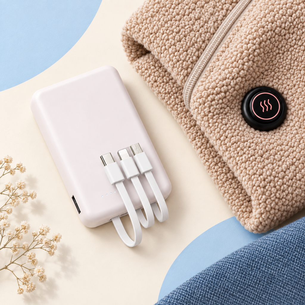 Compact power bank beside the CozyWrap heated shawl