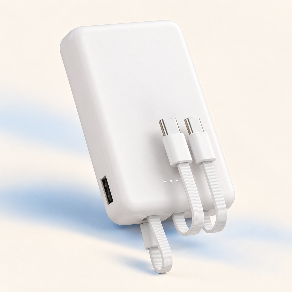 White compact 5000mAh power bank with built-in charging cables