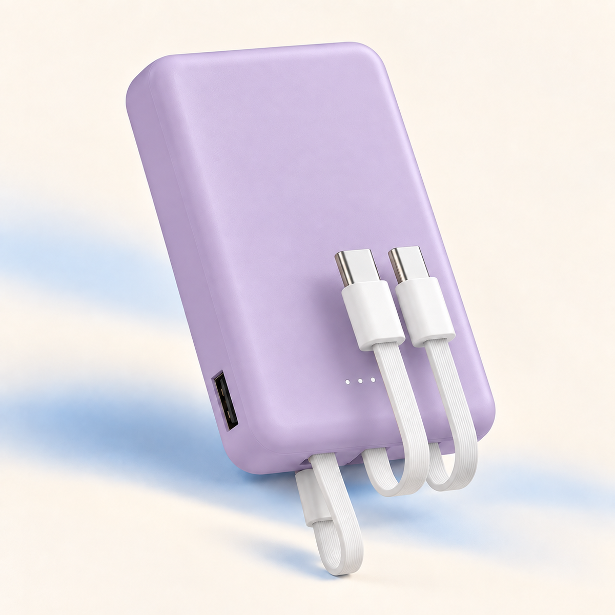 CozyWrap mini power bank in Lavender Purple with three built-in charging cables