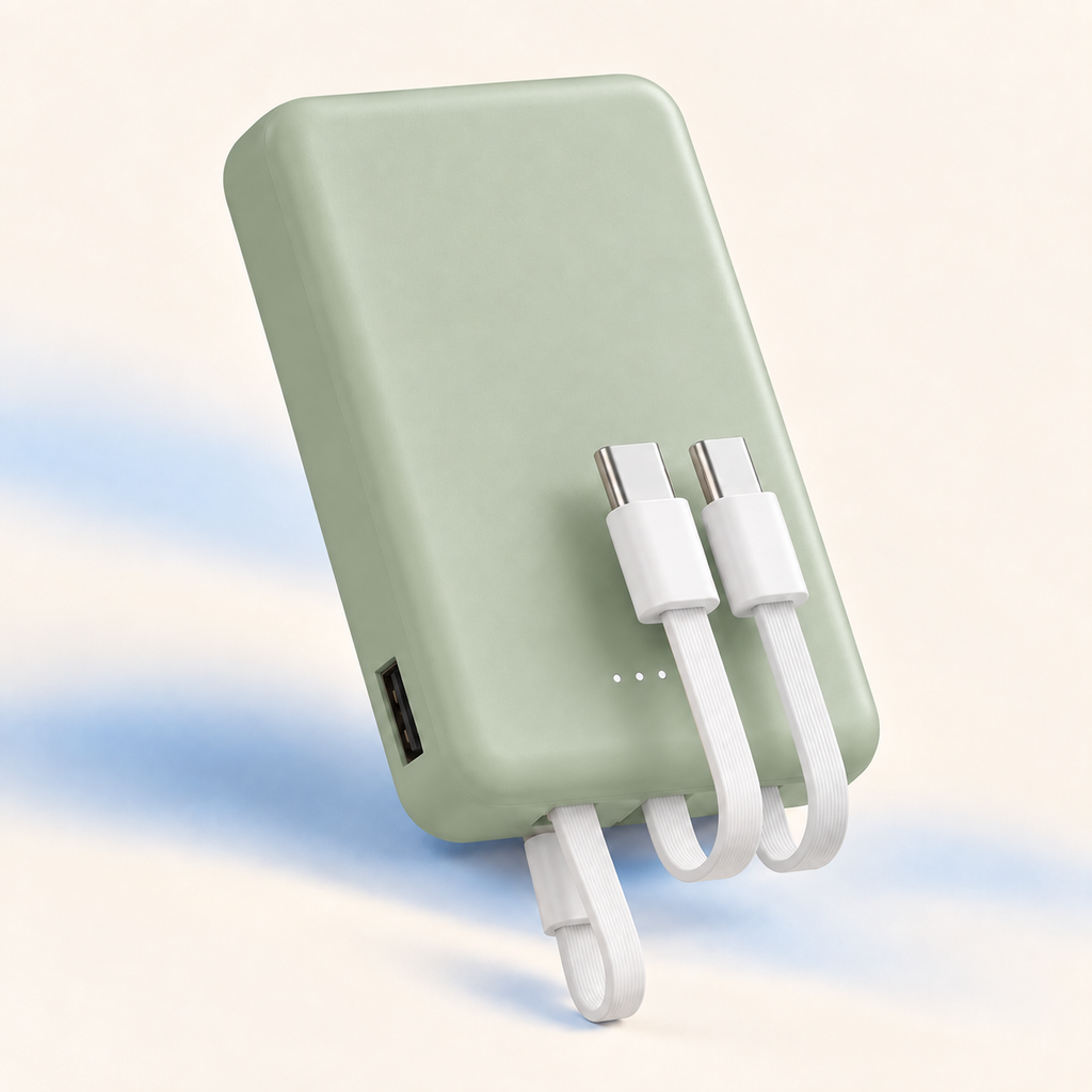 CozyWrap mini power bank in Matcha Green with three built-in charging cables