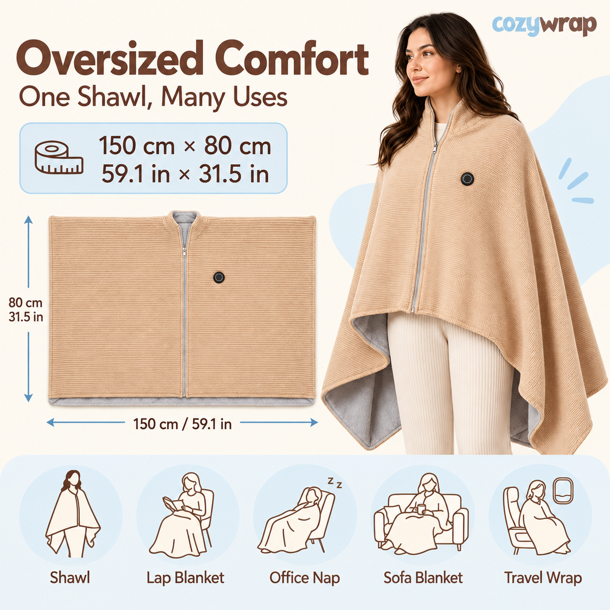CozyWrap™ Wearable USB Heated Blanket Shawl – 3 Adjustable Heat Levels